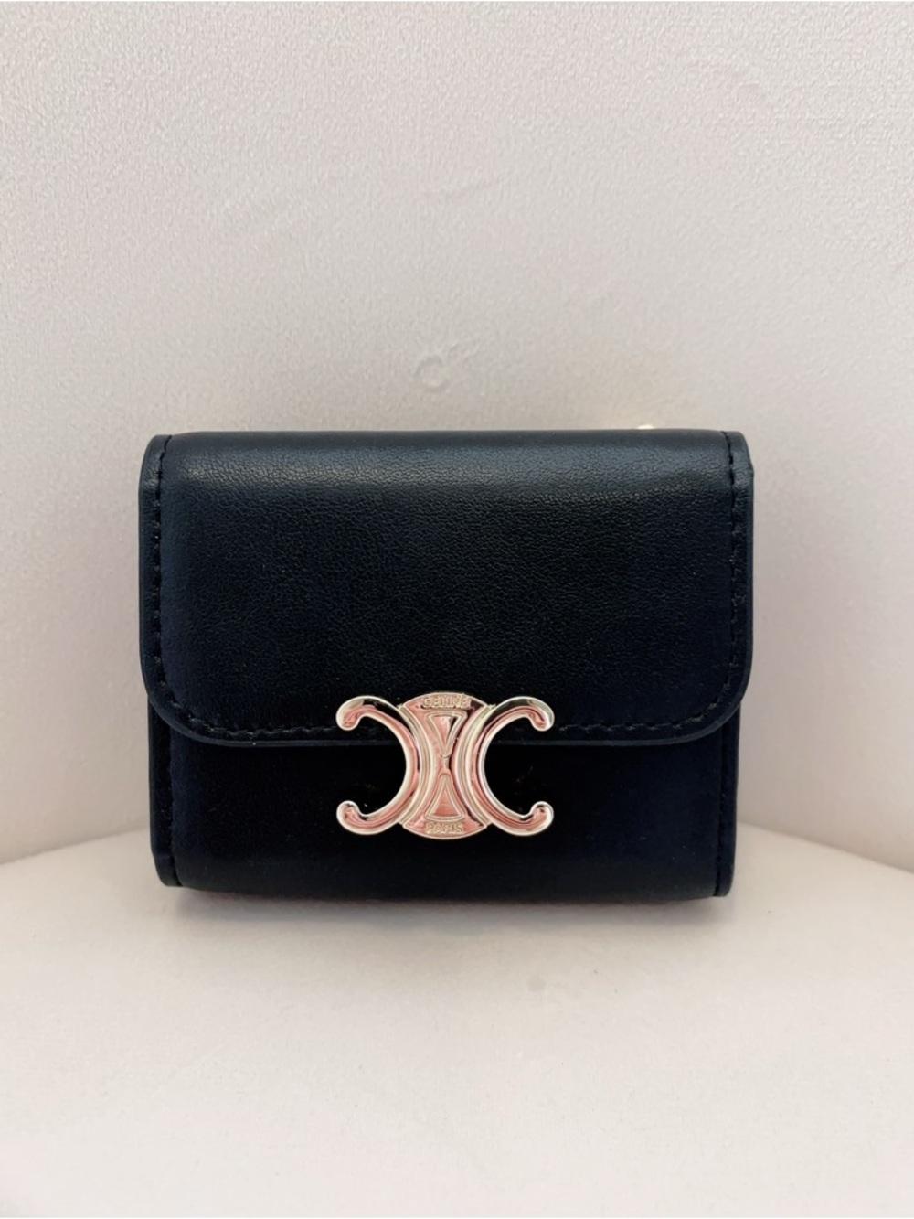 Celine Black Leather Women's Triomphe Style Compact Wallet Card Holder